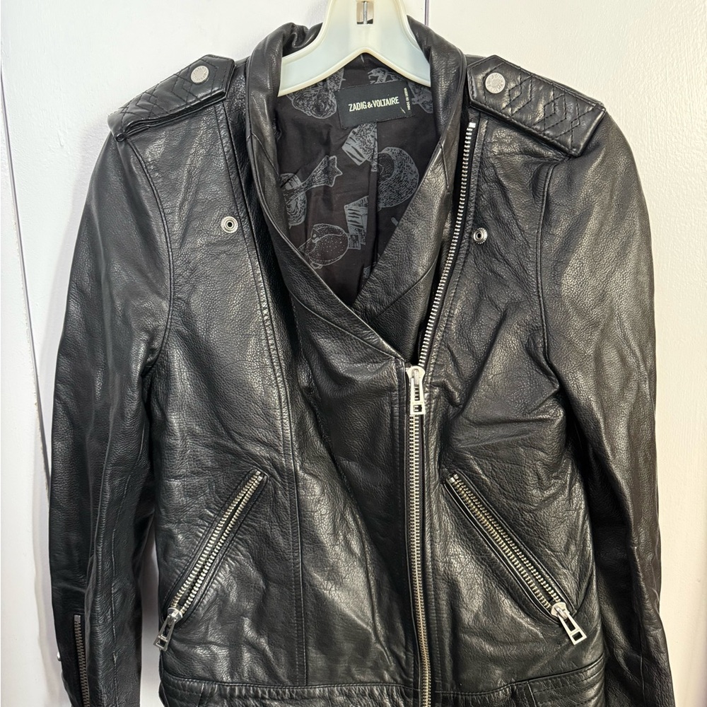 Zadig & Voltaire Black Quilted Shoulder Leather Moto Jacket